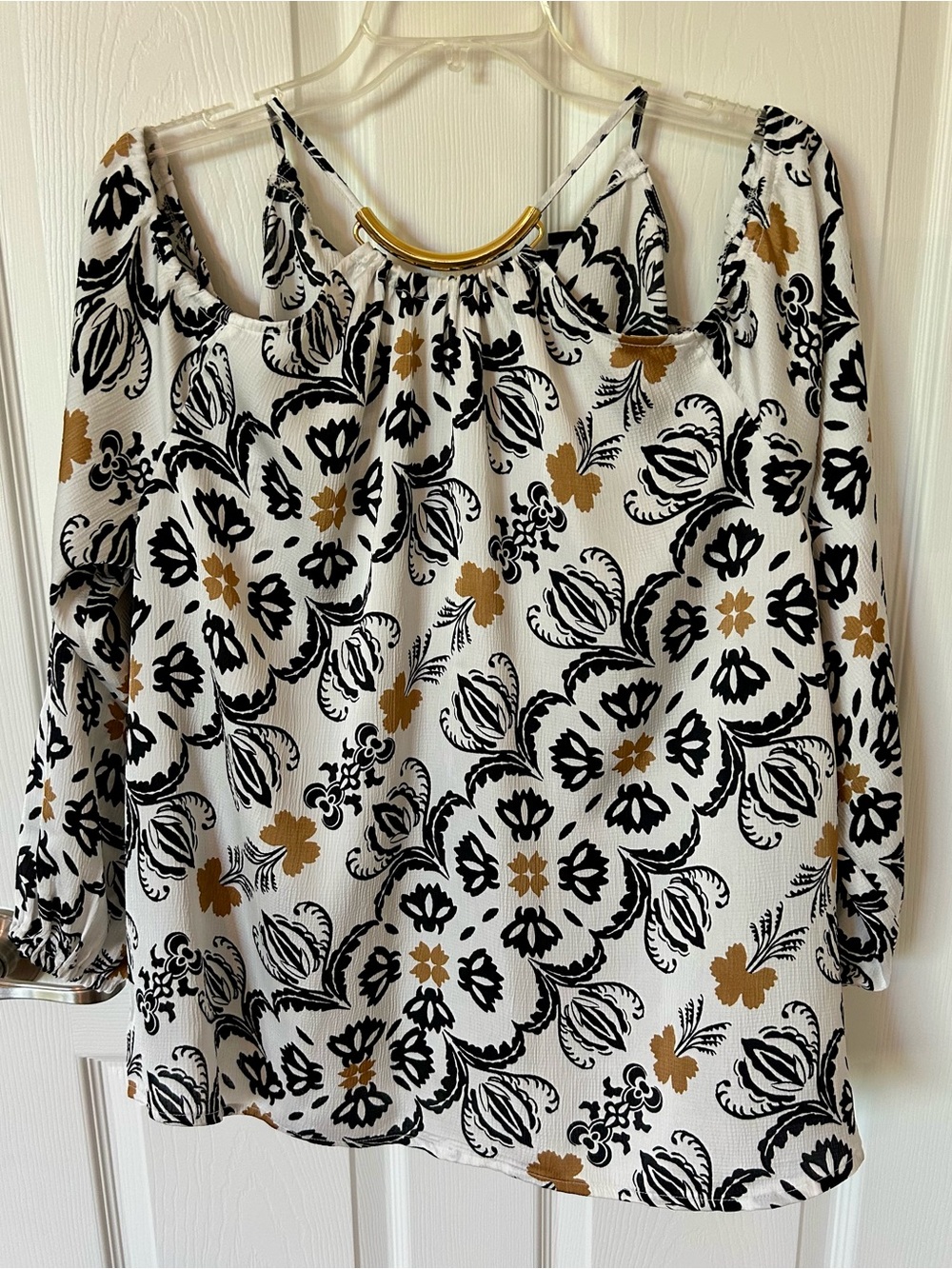 INC International Concepts Cold-Shoulder XL Floral Blouse in White, Black & Gold